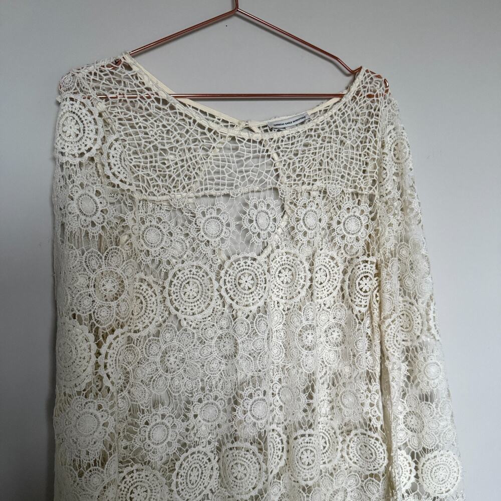 American Eagle Women Dress Large Ivory Bell Sleeve Boho Festival Crochet Cowgirl - Picture 3 of 8